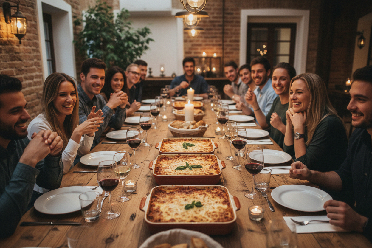 vorrei una social dinner con almeno una ventina di persone. immagina una cena fatta da un gruppo di amici con nel tavolo lasagne